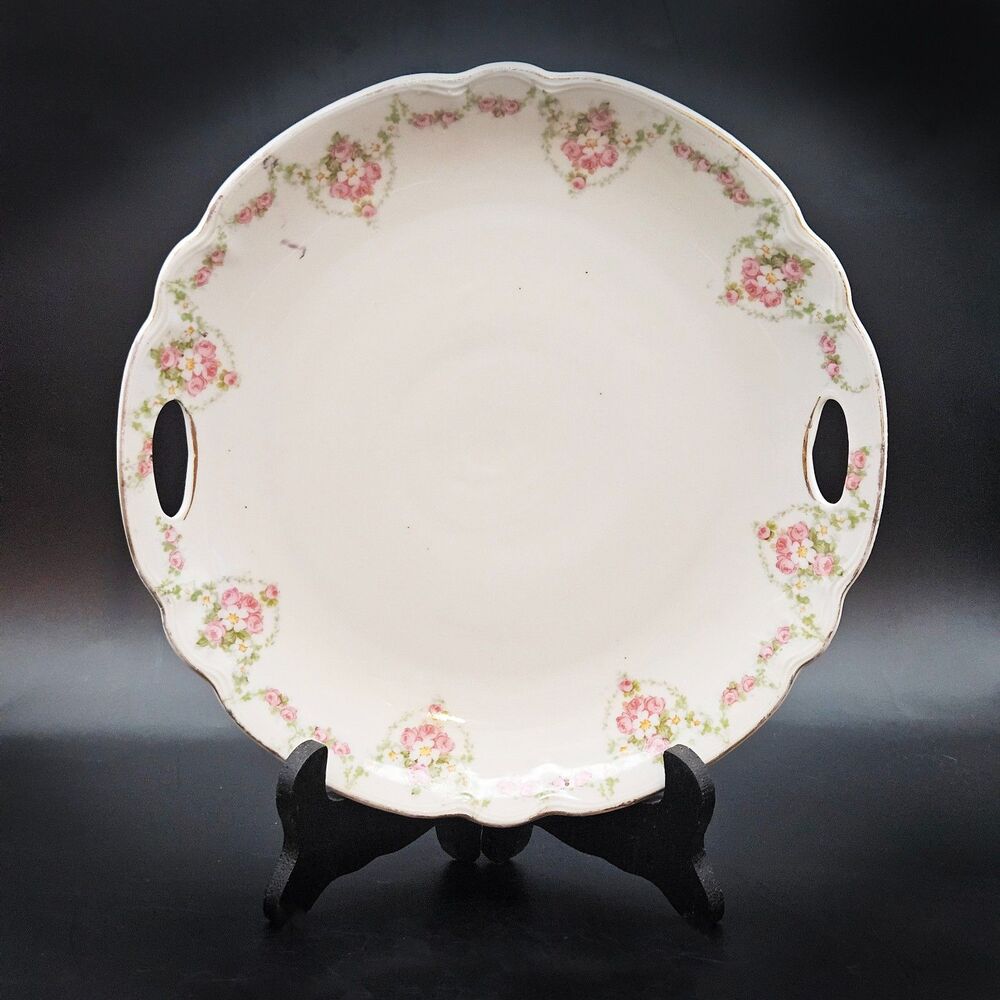 Porcelain Pink Rose Round Handle Serving Platter Cake Plate Germany Vintage